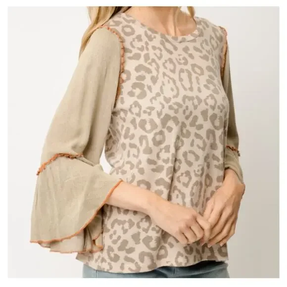NWT, Pretty Grey Leopard Lettuce Trimmed Sleeve Women’s Size M 3/4 Sleeve Top - Picture 2 of 2